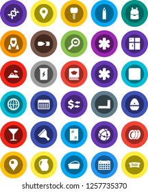 White Solid Icon Set- scraper vector, window cleaning, foam basin, plates, shining, cleaner woman, cook timer, cookbook, jug, corner ruler, backpack, exchange, punching bag, enegry drink, calendar