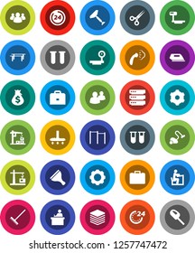 White Solid Icon Set- scraper vector, vacuum cleaner, rake, steaming, student, case, money bag, horizontal bar, big scales, group, vial, scissors, data, gear, construction crane, 24 hour, iron