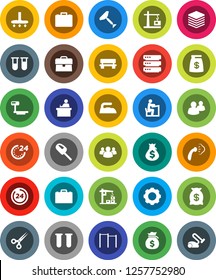 White Solid Icon Set- scraper vector, vacuum cleaner, iron, steaming, student, case, money bag, horizontal bar, big scales, group, vial, scissors, data, gear, bench, construction crane, 24 hour