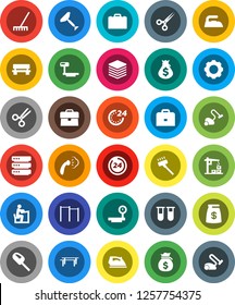 White Solid Icon Set- scraper vector, vacuum cleaner, rake, iron, steaming, student, case, money bag, horizontal bar, big scales, vial, scissors, data, gear, bench, construction crane, 24 hour