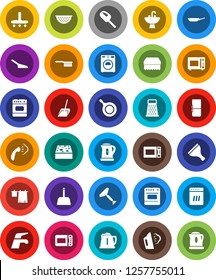 White Solid Icon Set- scraper vector, water tap, vacuum cleaner, fetlock, scoop, sponge, steaming, drying clothes, washer, sink, pan, kettle, colander, grater, microwave oven, fridge, dishwasher