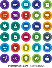 White Solid Icon Set- scraper vector, splotch, plates, pan, grater, backpack, exchange, pie graph, check, bank building, hand trainer, buttocks, swimsuite, roller Skates, heart monitor, microphone