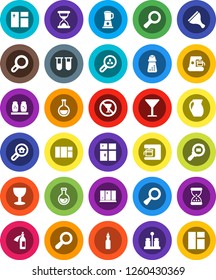 White Solid Icon Set- scraper vector, window cleaning, shining, hand mill, spices, jug, oil, magnifier, flask, no alcohol sign, glass, cargo search, vial, sand clock, potion, estate, client, blender