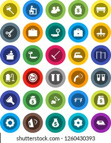 White Solid Icon Set- scraper vector, vacuum cleaner, rake, iron, steaming, student, case, money bag, horizontal bar, big scales, group, vial, scissors, gear, bench, 24 hour