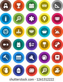 White Solid Icon Set- scraper vector, vacuum cleaner, foam basin, plates, woman, colander, cook timer, cookbook, jug, corner ruler, backpack, exchange, punching bag, calendar, glass, cargo search