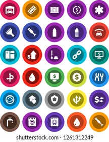 White Solid Icon Set- scraper vector, water drop, window cleaning, toilet brush, shining, blender, exchange, dollar growth, medal, monitor, bottle, route, internet, ambulance star, pills blister