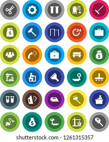 White Solid Icon Set- scraper vector, vacuum cleaner, rake, steaming, student, case, money bag, horizontal bar, big scales, group, vial, scissors, gear, bench, construction crane, 24 hour, iron