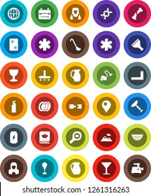 White Solid Icon Set- scraper vector, vacuum cleaner, window cleaning, agent, plates, woman, colander, ladle, cookbook, jug, corner ruler, backpack, punching bag, enegry drink, glass, cargo search