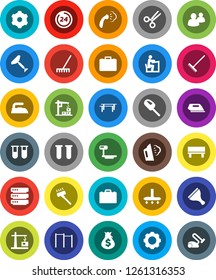 White Solid Icon Set- scraper vector, vacuum cleaner, rake, iron, steaming, student, case, money bag, horizontal bar, big scales, group, vial, scissors, data, gear, bench, construction crane