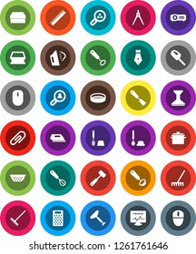 White Solid Icon Set- scraper vector, rake, sponge, car fetlock, steaming, toilet brush, pan, colander, whisk, spatula, ladle, meat hammer, grater, sieve, pen, ruler, drawing compass, attachment