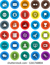 White Solid Icon Set- scraper vector, dish, paper pin, scissors, presentation, flag, exchange, credit card, monitor dollar, skateboard, route, earth, map, attention, traffic light, glass, mail