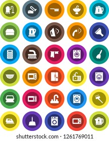 White Solid Icon Set- scraper vector, broom, vacuum cleaner, fetlock, scoop, sponge, iron, steaming, drying clothes, washer, sink, water tap, kettle, colander, grater, microwave oven, fridge