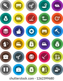White Solid Icon Set- scraper vector, vacuum cleaner, rake, iron, steaming, student, case, money bag, big scales, vial, scissors, data, gear, bench, construction crane, 24 hour