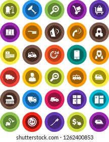 White Solid Icon Set- scraper vector, vacuum cleaner, fetlock, car, window cleaning, iron, steaming, shining, woman, dollar cursor, cargo search, mobile phone, hospital building, amkbulance, 24 hour
