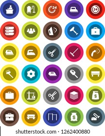 White Solid Icon Set- scraper vector, vacuum cleaner, rake, iron, steaming, student, case, horizontal bar, group, scissors, big data, gear, bench, construction crane, money bag, 24 hour