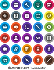 White Solid Icon Set- scraper vector, water drop, car fetlock, toilet brush, foam basin, shining window, blender, exchange, dollar growth, medal, monitor, bottle, internet, ambulance star, chain