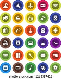 White Solid Icon Set- scraper vector, broom, vacuum cleaner, fetlock, scoop, sponge, iron, steaming, drying clothes, washer, sink, water tap, pan, colander, microwave oven, fridge, kettle