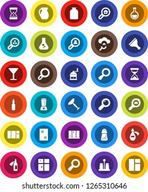 White Solid Icon Set- scraper vector, window cleaning, shining, hand mill, spices, jug, jar, oil, flask, glass, cargo search, magnifier, sand clock, potion, cloud, estate, client, blender