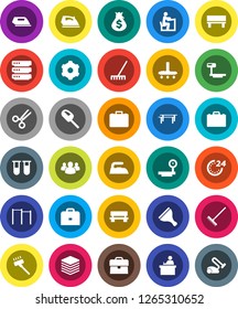White Solid Icon Set- scraper vector, vacuum cleaner, rake, iron, student, case, money bag, horizontal bar, big scales, group, vial, scissors, data, gear, bench, 24 hour