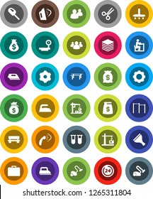 White Solid Icon Set- scraper vector, vacuum cleaner, iron, steaming, student, money bag, case, horizontal bar, big scales, group, vial, scissors, data, gear, bench, construction crane, 24 hour