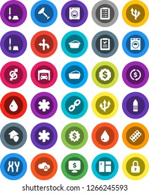 White Solid Icon Set- scraper vector, water drop, window cleaning, toilet brush, washer, foam basin, exchange, dollar medal, monitor, bottle, route, ambulance star, gender sign, pills blister, chain