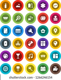 White Solid Icon Set- scraper vector, vacuum cleaner, window cleaning, agent, plates, shining, colander, cookbook, backpack, music, enegry drink, calendar, glass, cargo search, internet, broken bone