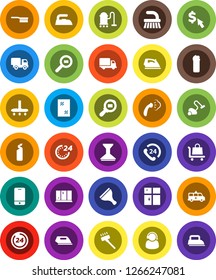 White Solid Icon Set- scraper vector, vacuum cleaner, fetlock, car, window cleaning, iron, steaming, agent, shining, dollar cursor, phone 24, delivery, cargo search, mobile, amkbulance, hour