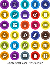 White Solid Icon Set- scraper vector, window cleaning, shining, measuring cup, hand mill, spices, jug, jar, oil, flask, no alcohol sign, cargo search, vial, sand clock, potion, magnifier, estate
