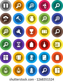 White Solid Icon Set- scraper vector, window cleaning, shining, oil, measuring cup, hand mill, jug, jar, magnifier, flask, glass, cargo search, vial, sand clock, potion, cloud, estate, client