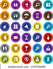 White Solid Icon Set- scraper vector, window cleaning, shining, oil, measuring cup, hand mill, spices, jug, flask, no alcohol sign, glass, cargo search, vial, sand clock, potion, cloud, magnifier