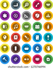 White Solid Icon Set- scraper vector, vacuum cleaner, window cleaning, foam basin, agent, plates, colander, cook timer, ladle, cookbook, jug, corner ruler, backpack, music, exchange, punching bag