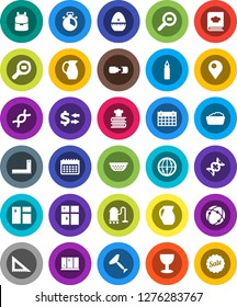 White Solid Icon Set- scraper vector, vacuum cleaner, window cleaning, foam basin, shining, colander, cook timer, cookbook, jug, corner ruler, backpack, exchange, punching bag, calendar, glass, dna