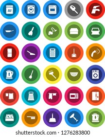 White Solid Icon Set- scraper vector, broom, water tap, vacuum cleaner, fetlock, scoop, sponge, steaming, drying clothes, washer, pan, kettle, colander, grater, fridge, dishwasher, microwave oven