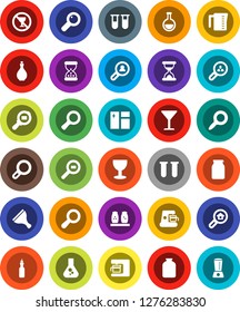 White Solid Icon Set- scraper vector, window cleaning, oil, measuring cup, spices, jar, magnifier, flask, no alcohol sign, glass, cargo search, vial, sand clock, estate, client, coffee maker
