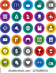 White Solid Icon Set- scraper vector, towel, copybook, compass, money bag, manager, dollar sign, horizontal bar, swimsuite, route, phone 24, glass, heart, battery, microscope, shield, mail, globe