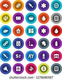 White Solid Icon Set- scraper vector, water drop, window cleaning, toilet brush, washer, foam basin, shining, blender, exchange, dollar growth, medal, bottle, route, internet, ambulance star, chain