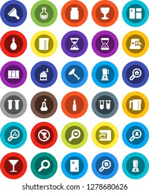 White Solid Icon Set- scraper vector, window cleaning, shining, oil, measuring cup, hand mill, jar, magnifier, flask, no alcohol sign, glass, cargo search, vial, sand clock, estate, client, blender