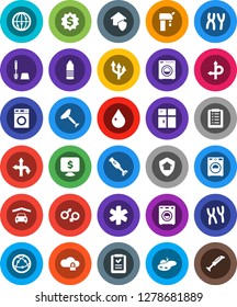 White Solid Icon Set- scraper vector, water drop, toilet brush, washer, shining window, blender, dollar medal, monitor, bottle, route, internet, ambulance star, gender sign, chromosomes, cloud lock