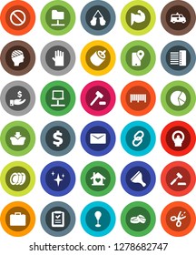White Solid Icon Set- scraper vector, shining, rubber glove, plates, pie graph, case, investment, dollar sign, punching bag, muscule hand, boxing, prohibition, traking, link, rca, pills, tomography