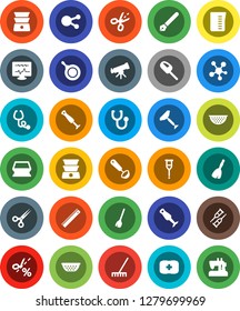 White Solid Icon Set- scraper vector, broom, rake, sponge, pan, colander, measuring cup, ladle, double boiler, blender, pen, ruler, telescope, first aid kit, social media, crutches, scissors, coupon