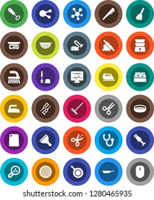 White Solid Icon Set- scraper vector, broom, fetlock, rake, sponge, iron, toilet brush, pan, colander, whisk, rolling pin, cutting board, double boiler, blender, sieve, pen, social media, crutches