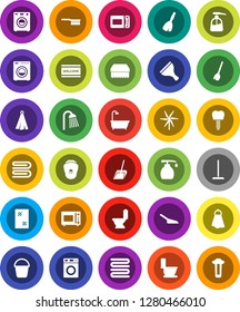 White Solid Icon Set- scraper vector, broom, fetlock, mop, scoop, bucket, sponge, towel, window cleaning, welcome mat, toilet, washer, liquid soap, shower, microwave oven, tooth implant, windmill