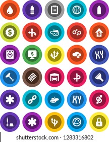 White Solid Icon Set- scraper vector, water drop, toilet brush, dollar growth, medal, monitor, bottle, route, internet, ambulance star, gender sign, pills blister, chromosomes, cloud lock, chain