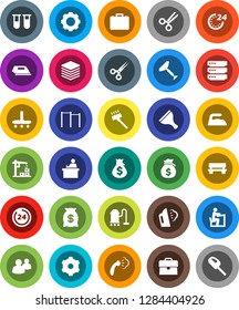 White Solid Icon Set- scraper vector, vacuum cleaner, iron, steaming, student, money bag, case, horizontal bar, group, vial, scissors, big data, gear, bench, construction crane, 24 hour