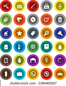 White Solid Icon Set- scraper vector, towel, trash bin, cleaning agent, rubber glove, scales, hand mill, thermometer, case, backpack, compass, money search, target, cereals, no alcohol sign, scalpel
