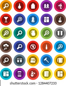 White Solid Icon Set- scraper vector, window cleaning, shining, oil, measuring cup, hand mill, spices, jug, jar, magnifier, no alcohol sign, glass, cargo search, flask, vial, sand clock, potion