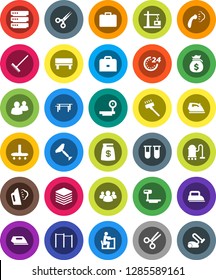 White Solid Icon Set- scraper vector, vacuum cleaner, rake, iron, steaming, student, case, money bag, horizontal bar, big scales, group, vial, scissors, data, bench, construction crane, 24 hour