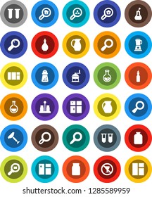 White Solid Icon Set- scraper vector, window cleaning, shining, oil, hand mill, spices, jug, jar, magnifier, flask, no alcohol sign, cargo search, vial, estate, client, blender