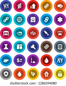 White Solid Icon Set- scraper vector, water drop, car fetlock, window cleaning, toilet brush, blender, exchange, dollar growth, internet, ambulance star, gender sign, pills blister, chromosomes