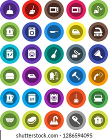 White Solid Icon Set- scraper vector, broom, vacuum cleaner, fetlock, scoop, sponge, iron, steaming, washer, water tap, pan, kettle, colander, microwave oven, dishwasher